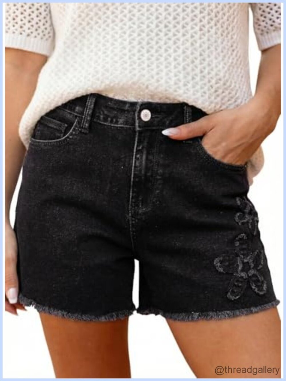 High Waisted Floral Embroidered Denim Jean Shorts Raw Edge Hem